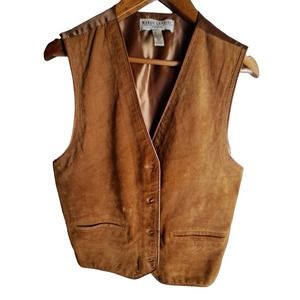 VTG Marsh Landing Petites sz LG P  100% Leather Vest Brown Button up See Desc!